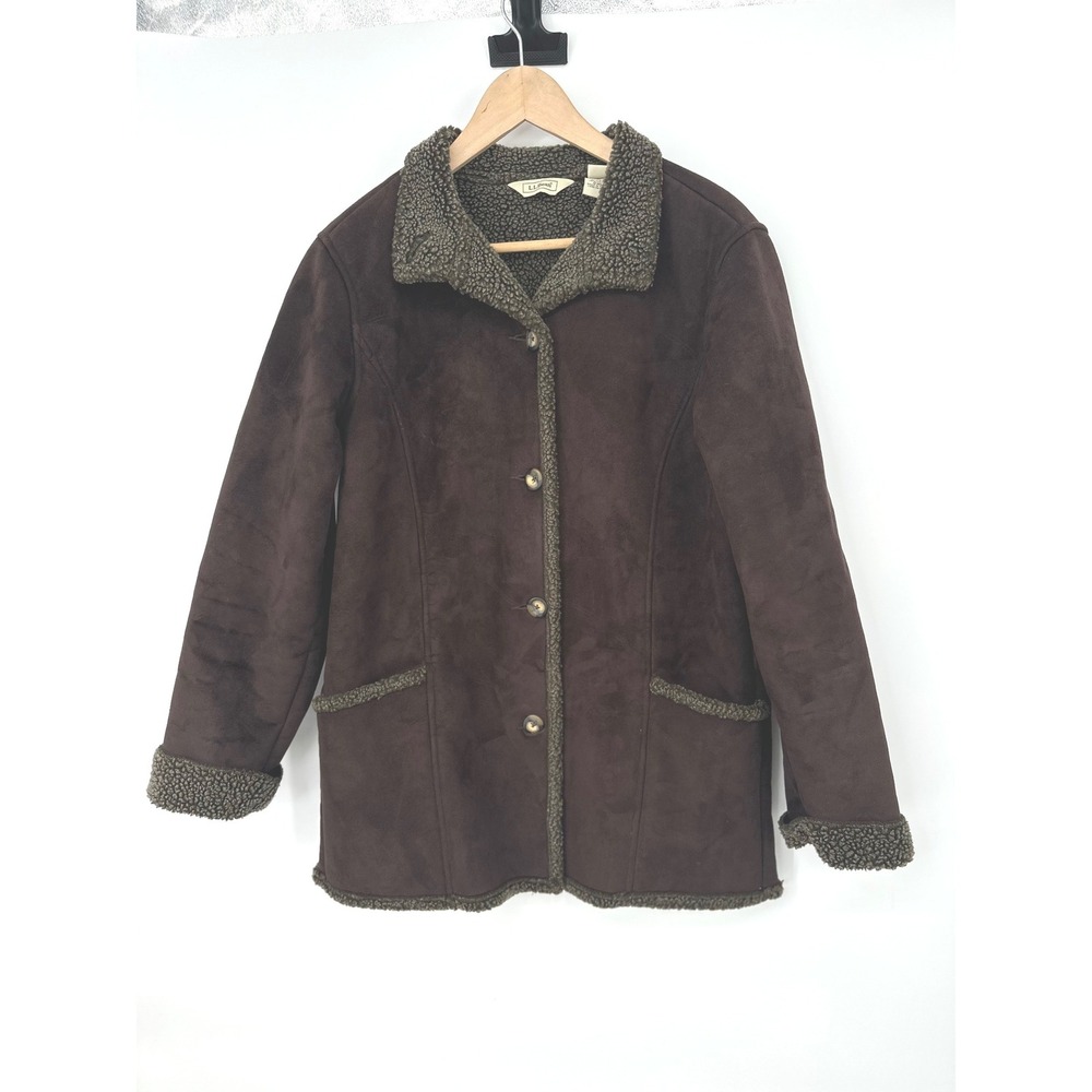 L.L. Bean Sherpa Lined Faux Suede Shearling Jacket Womens Sz M Barn Chore Coat